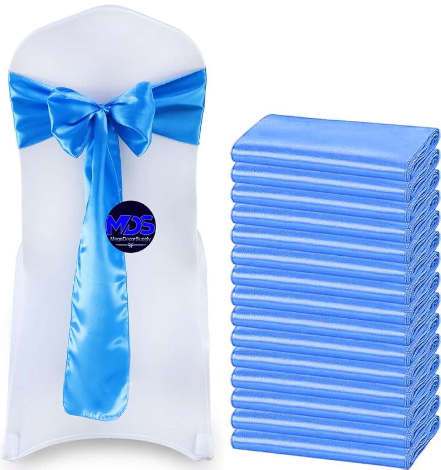 Mds Pack Of 10 Pcs Satin Chair Sashes Charmeuse Sateen Dining Chair Bows Ribbon Ties Back Sash For Wedding Party Birthday Home Hotel Restaurant Banquet Decoration (7 X 108 Inch, Blue)
