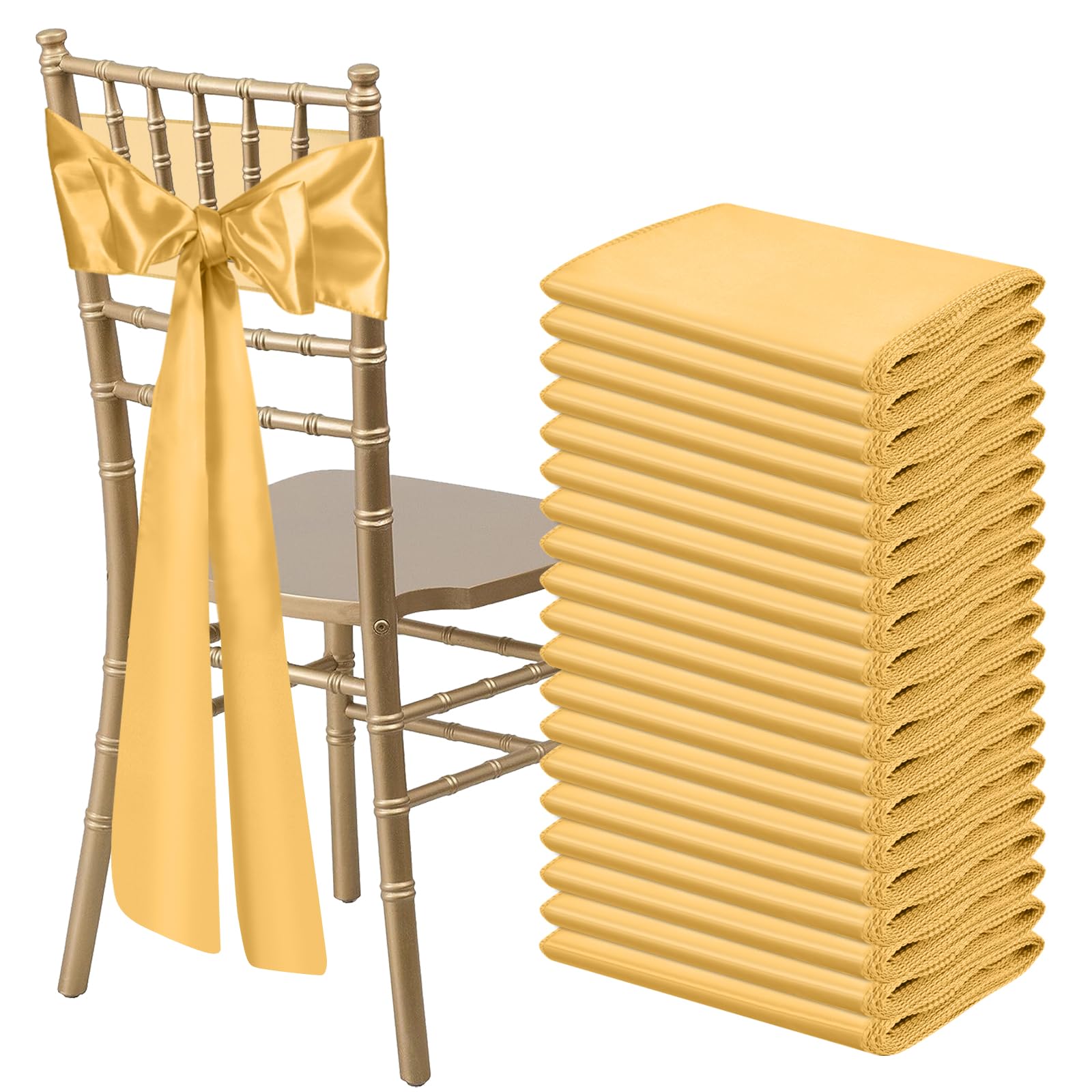 Bouiexye 50 Pcs Gold Satin Chair Sashes Bows Universal Chair Ribbon Ties Back Sash For Wedding Party Reception Events Banquets H