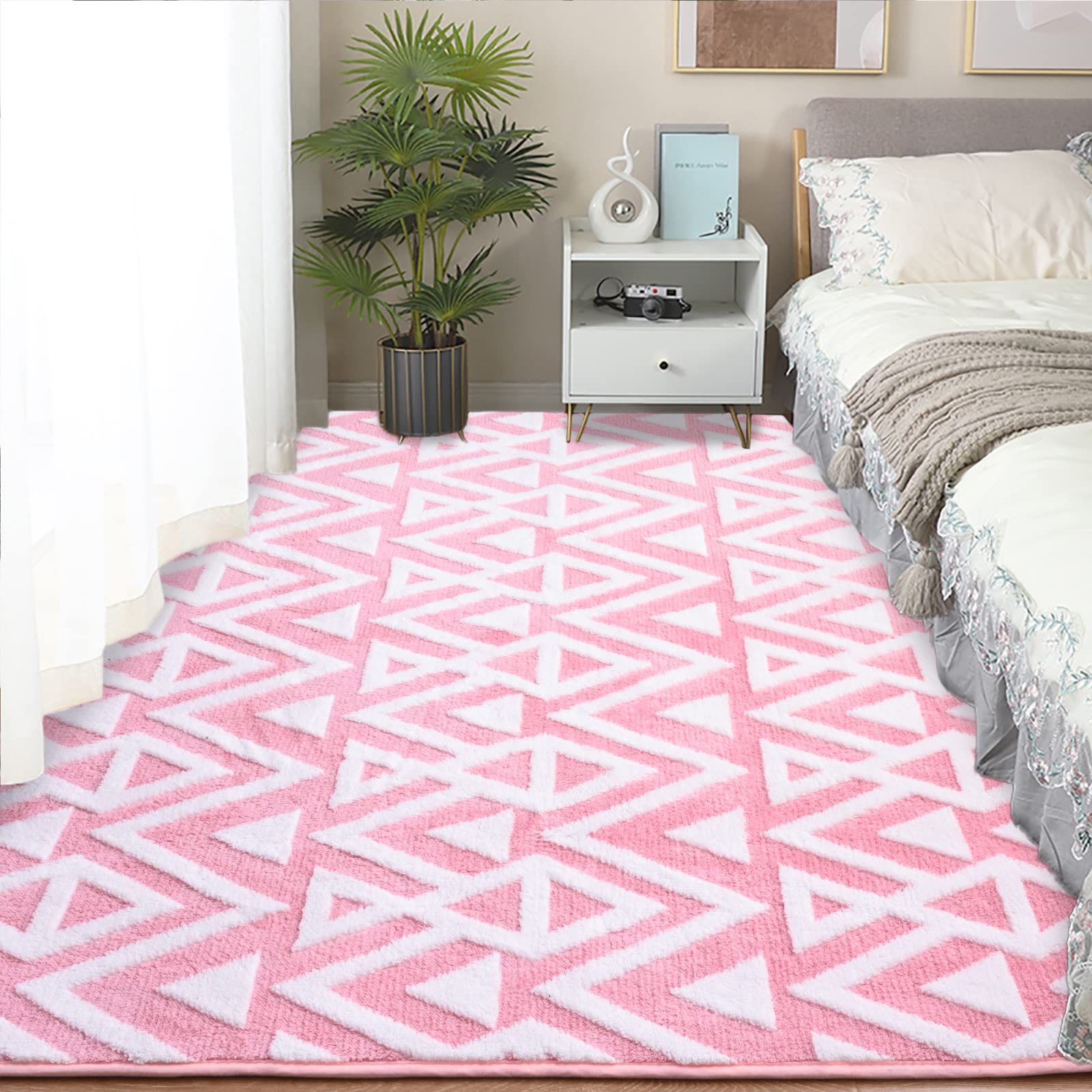 Ompaa Ultra Soft Shaggy Rugs Memory Foam Bedroom Carpet, Pink 3 x 5 Feet, Plush Geometric Textured Area Rugs for Living Room Cou