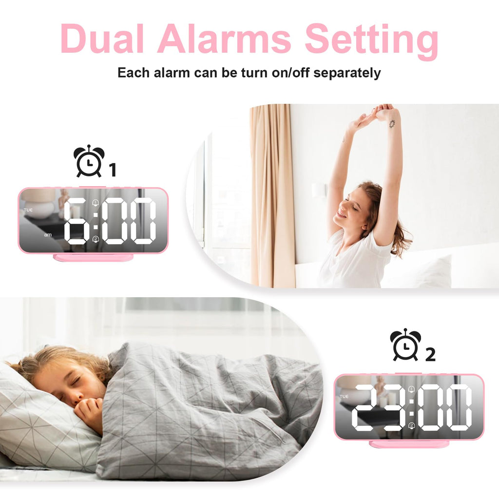 Alanas Digital Alarm Clock With Dual Alarms, Mirror Led Bedroom Alarm Clocks For Kids, Adjustable Brightness, Snooze, 2 Usb Port