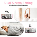 Alanas Digital Alarm Clock With Dual Alarms, Mirror Led Bedroom Alarm Clocks For Kids, Adjustable Brightness, Snooze, 2 Usb Port