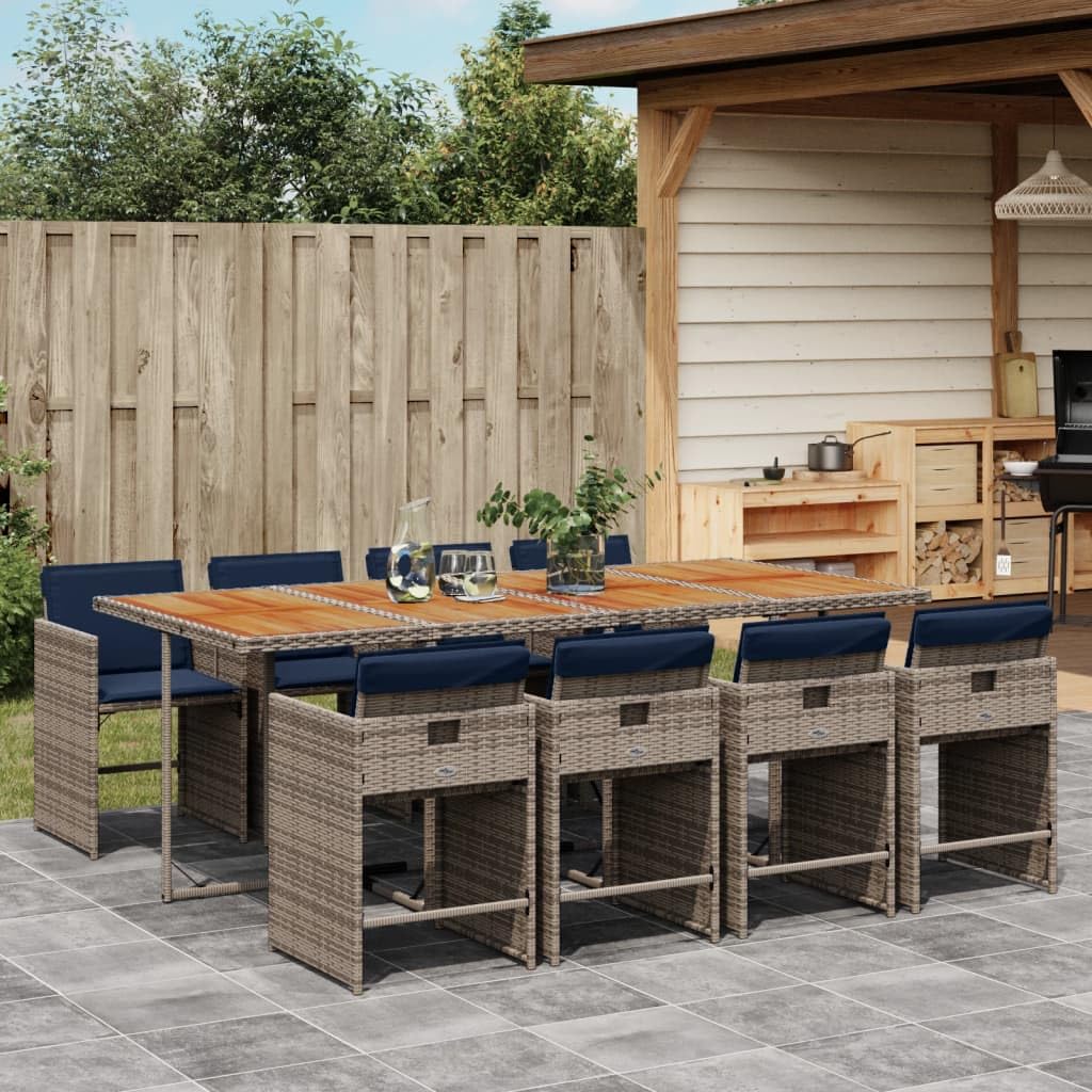 vidaXL 9-Piece Patio Dining Set - Gray Poly Rattan & Acacia Wood Table with Navy Cushions for Outdoor Garden, Backyard, Deck