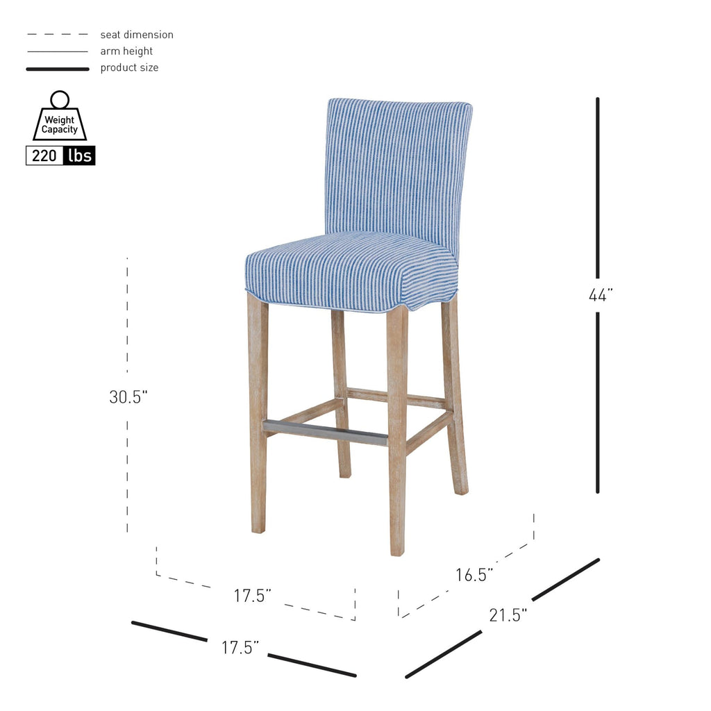 New Pacific Direct Milton Fabric Bar Stool,Natural Wood Legs,Blue Stripes,Fully Assembled