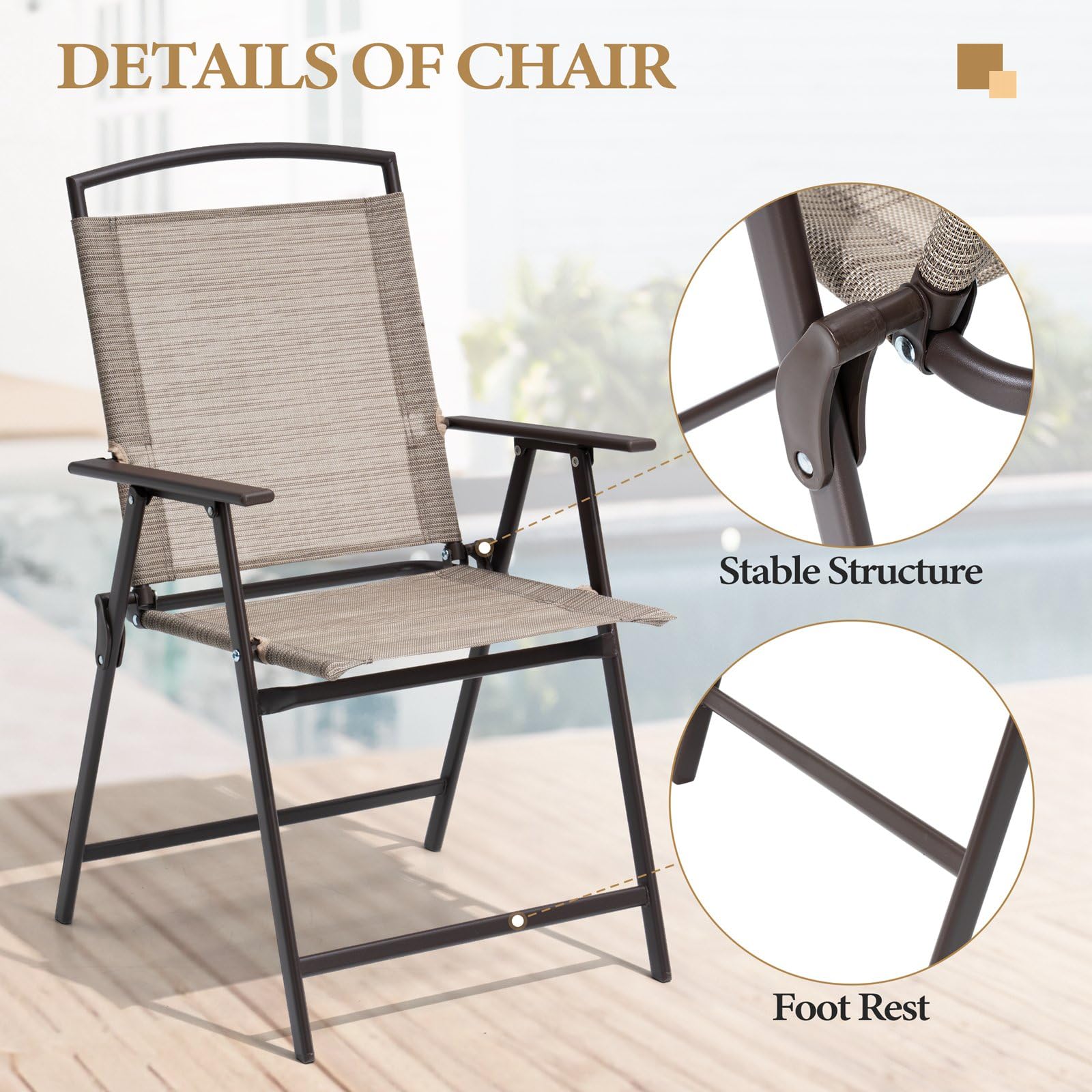 Crestlive Products Set Of 4 Patio Folding Chairs 4-Pack Dining Chairs Outdoor Portable Sling With Armrest For Camping, Beach, Garden, Pool, Backyard, Deck (Beige)