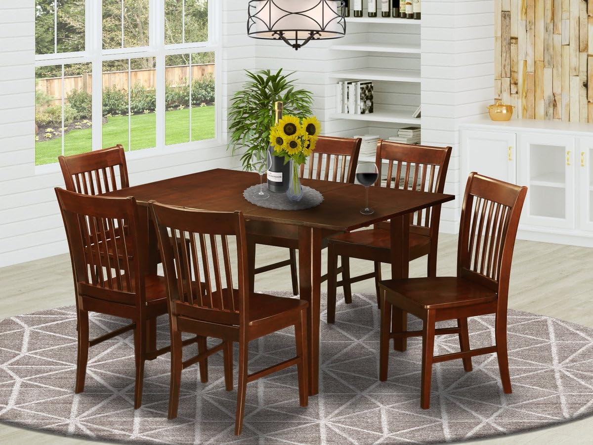 East West Furniture PSNO7-MAH-W 7 Piece Dining Table Set Consist of a Rectangle Dining Room Table with Butterfly Leaf and 6 Wooden Seat Chairs, 32x60 Inch, Mahogany