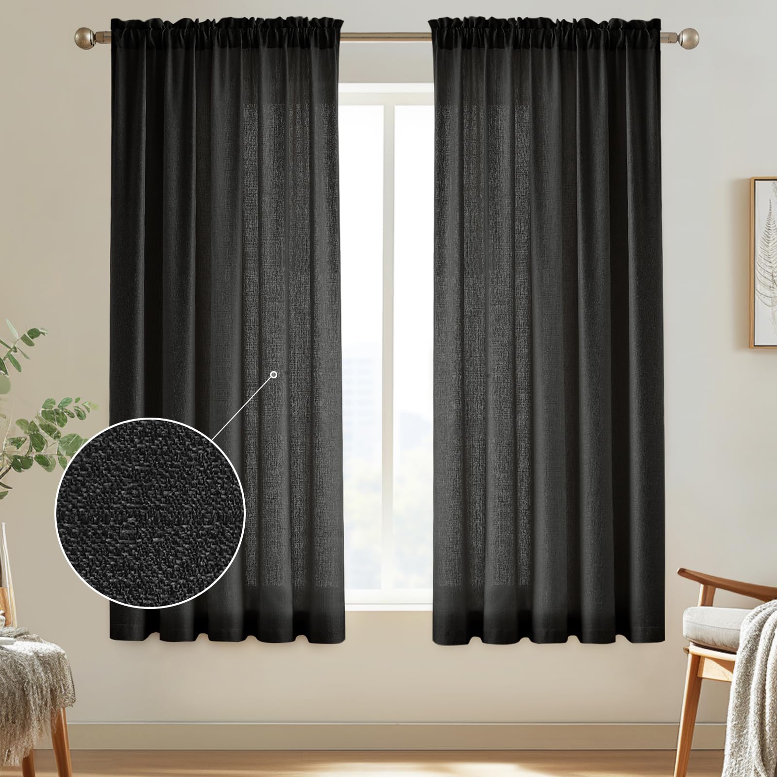 Melodieux Black Semi Sheer Curtains 72 Inches Long for Bedroom, Living Room Linen Look Privacy Window Rod Pocket Sheer Drapes, 5
