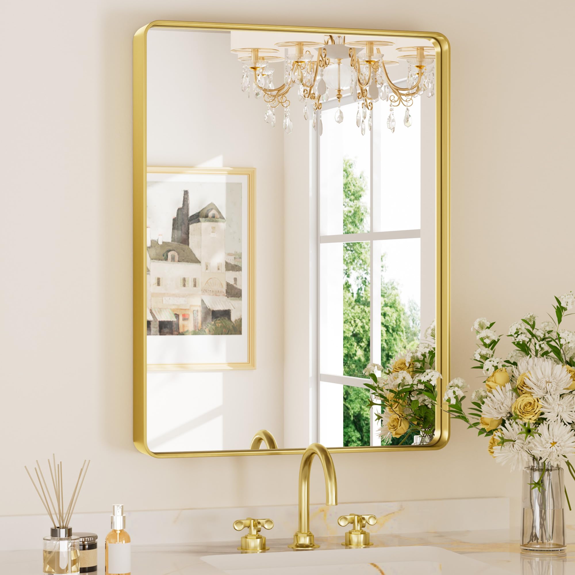 Keonjinn Gold Bathroom Mirrors for Vanity, 24 x 32 Inch Rounded Rectangle Gold Mirror for Wall, Brushed Brass Mirror with Metal 