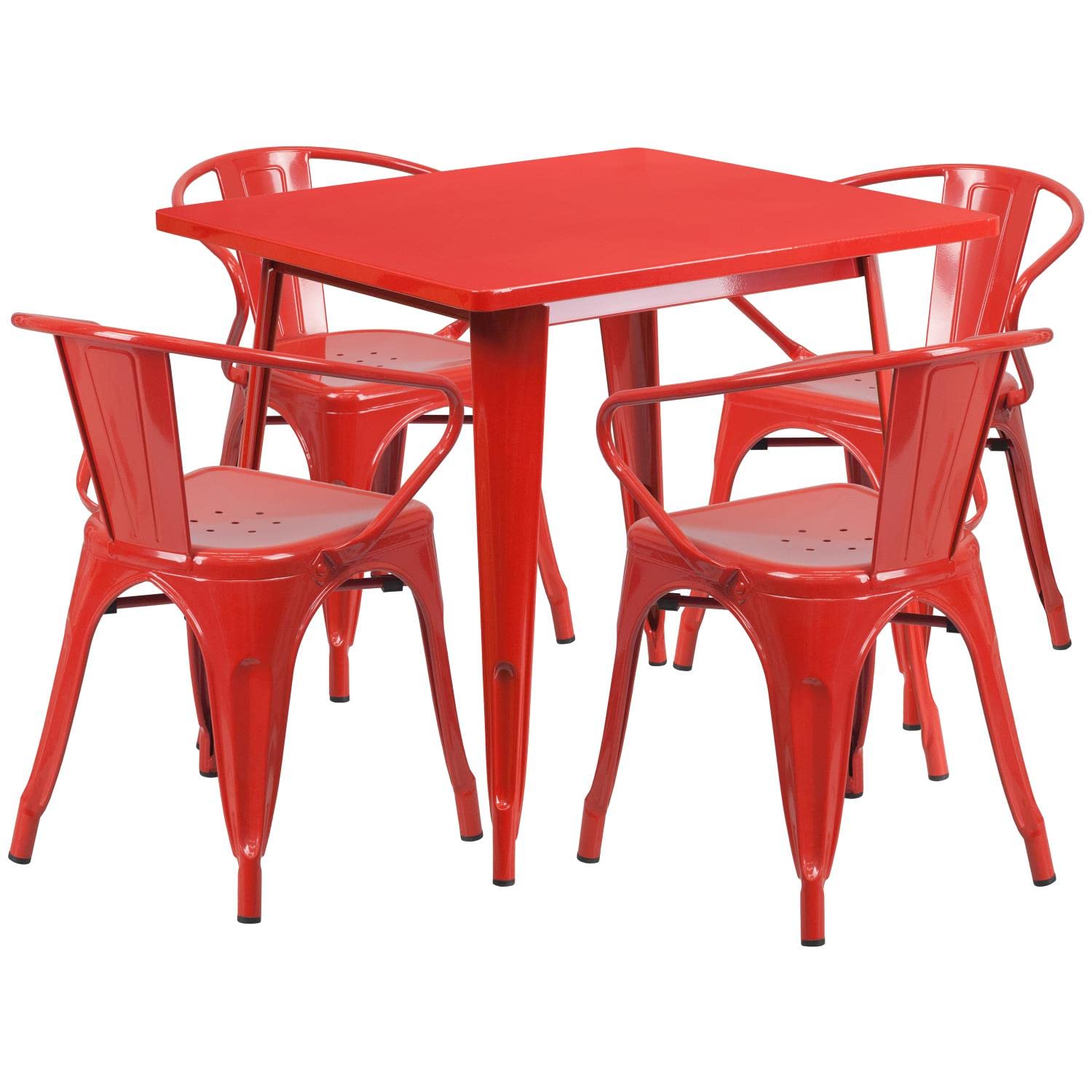 Flash Furniture Commercial Grade 31.5" Square Red Metal Indoor-Outdoor Table Set with 4 Arm Chairs