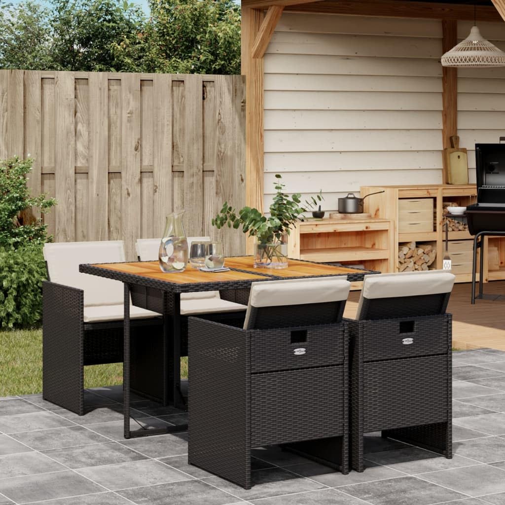 vidaXL 5 Piece Patio Dining Set with Cushions - Black Poly Rattan/Acacia Wood Tabletop, Compact Folding Chairs, Space-Saving Design for Outdoor, Garden, Patio, Backyard