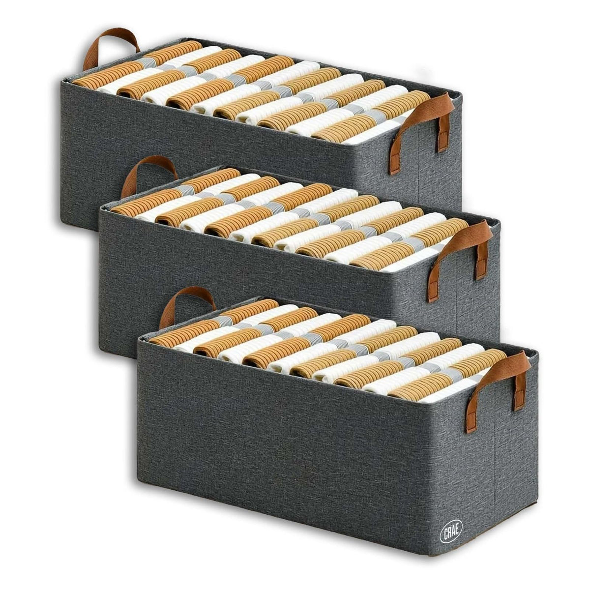 CRAE Pack of 3 Storage Baskets (46L x 27W x 19H CM) NonWoven Foldable Wardrobe Organizer with Metal Frame Rectangle, Storage Bo