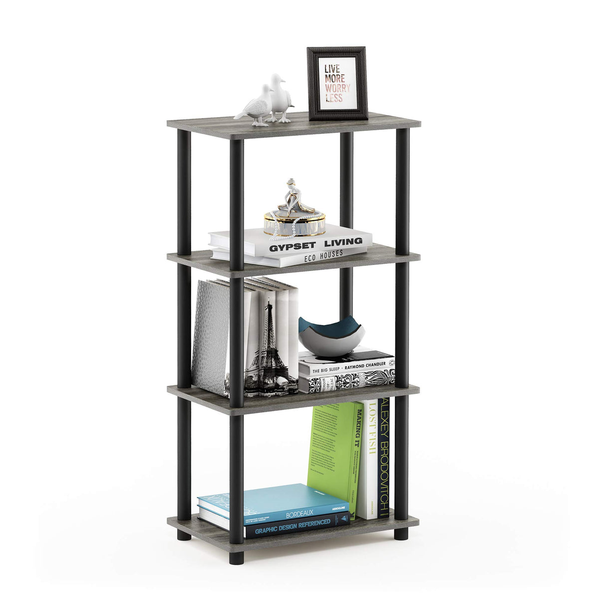 Furinno Turn-N-Tube No Tool 4-Tier Storage Shelf, Narrow, French Oak Grey/Black