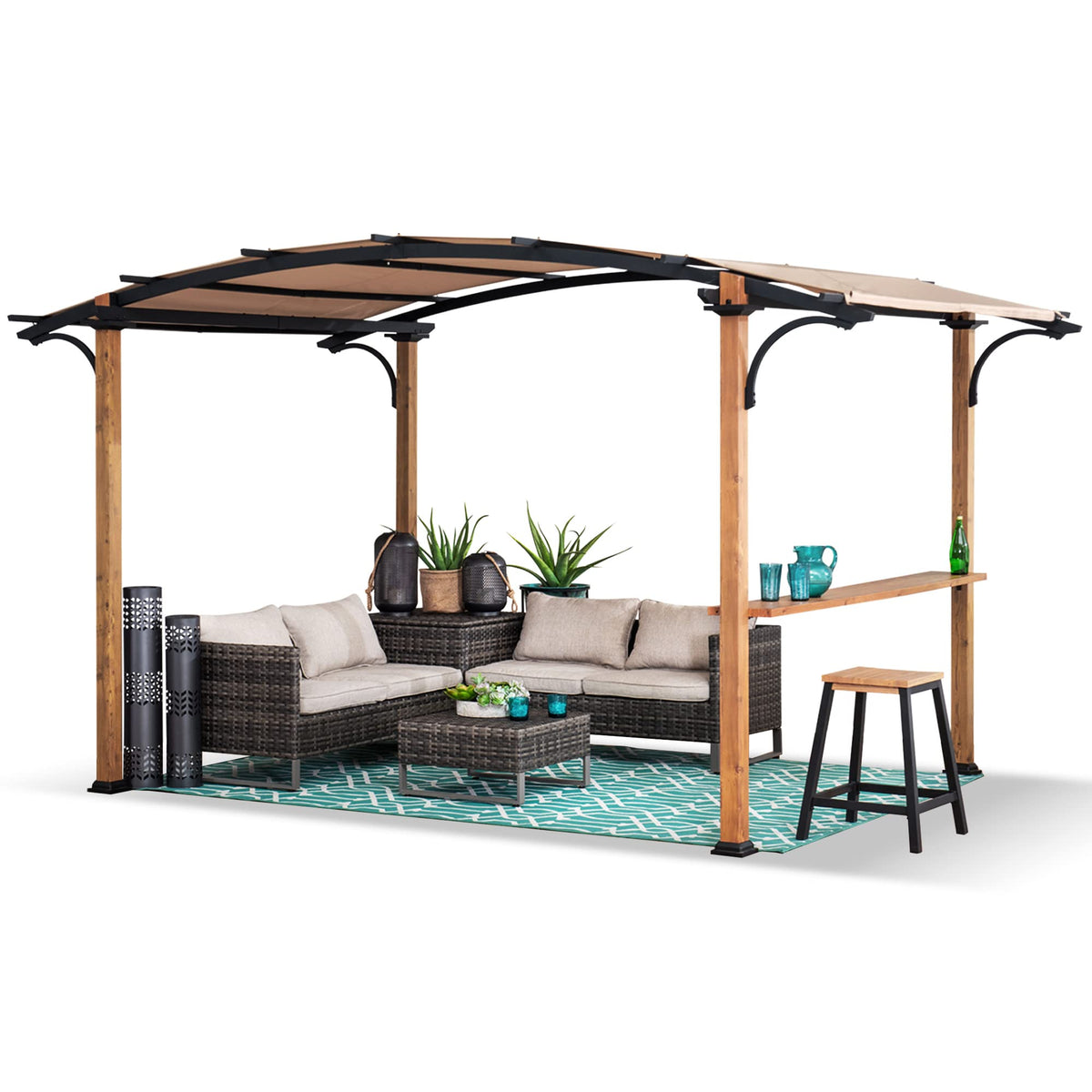 Sunjoy Outdoor Pergola 8.5 x 13 ft. Steel Arched Pergola with Tan Weather-Resistant Fabric Canopy for Patio, Backyard, Garden Ac