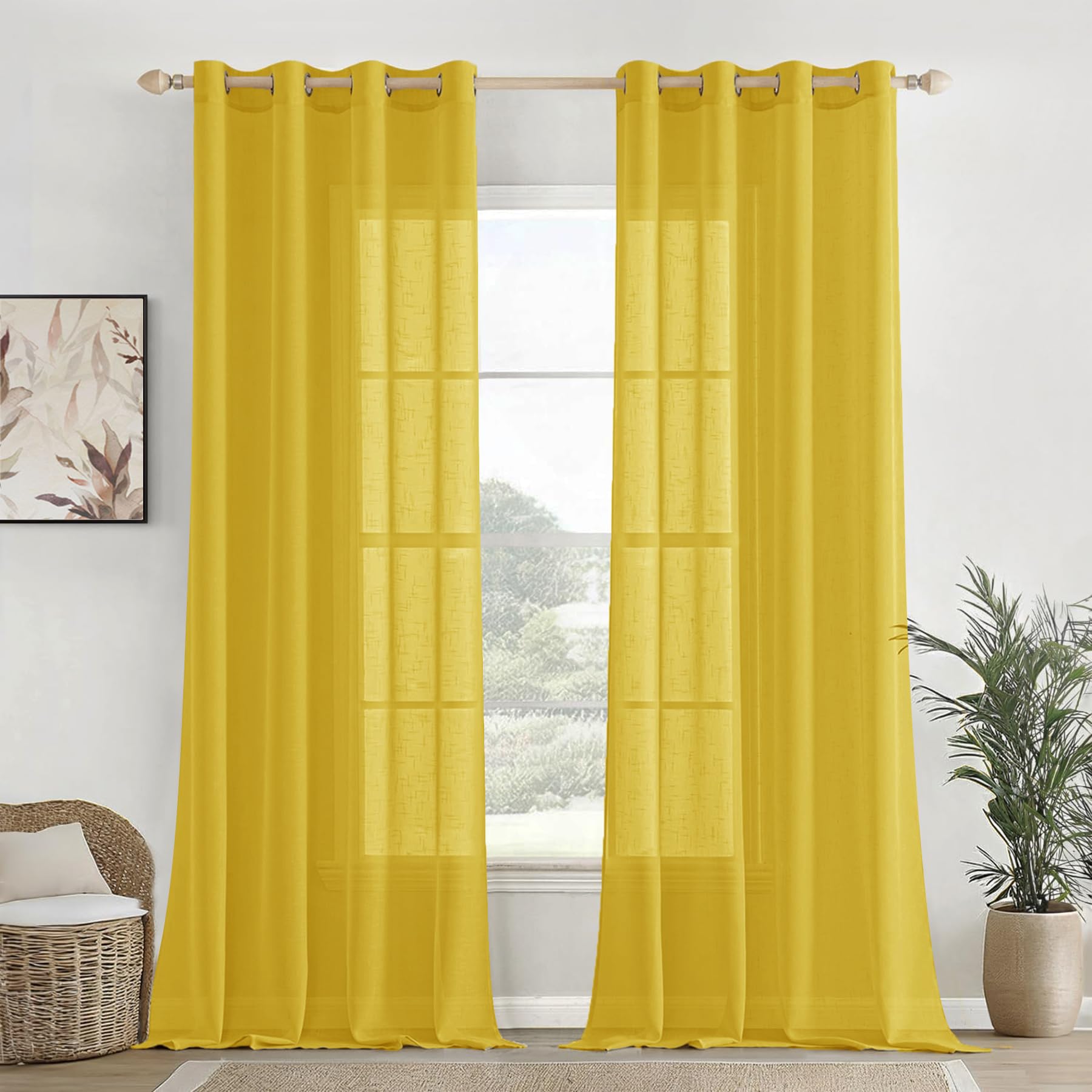 Homemonde Cotton Sheer Curtain Set Of 4 Long Door 9 Feet Decorative Living Room, Bedroom (9Ft X 4.5Ft Mustard)  Grommet