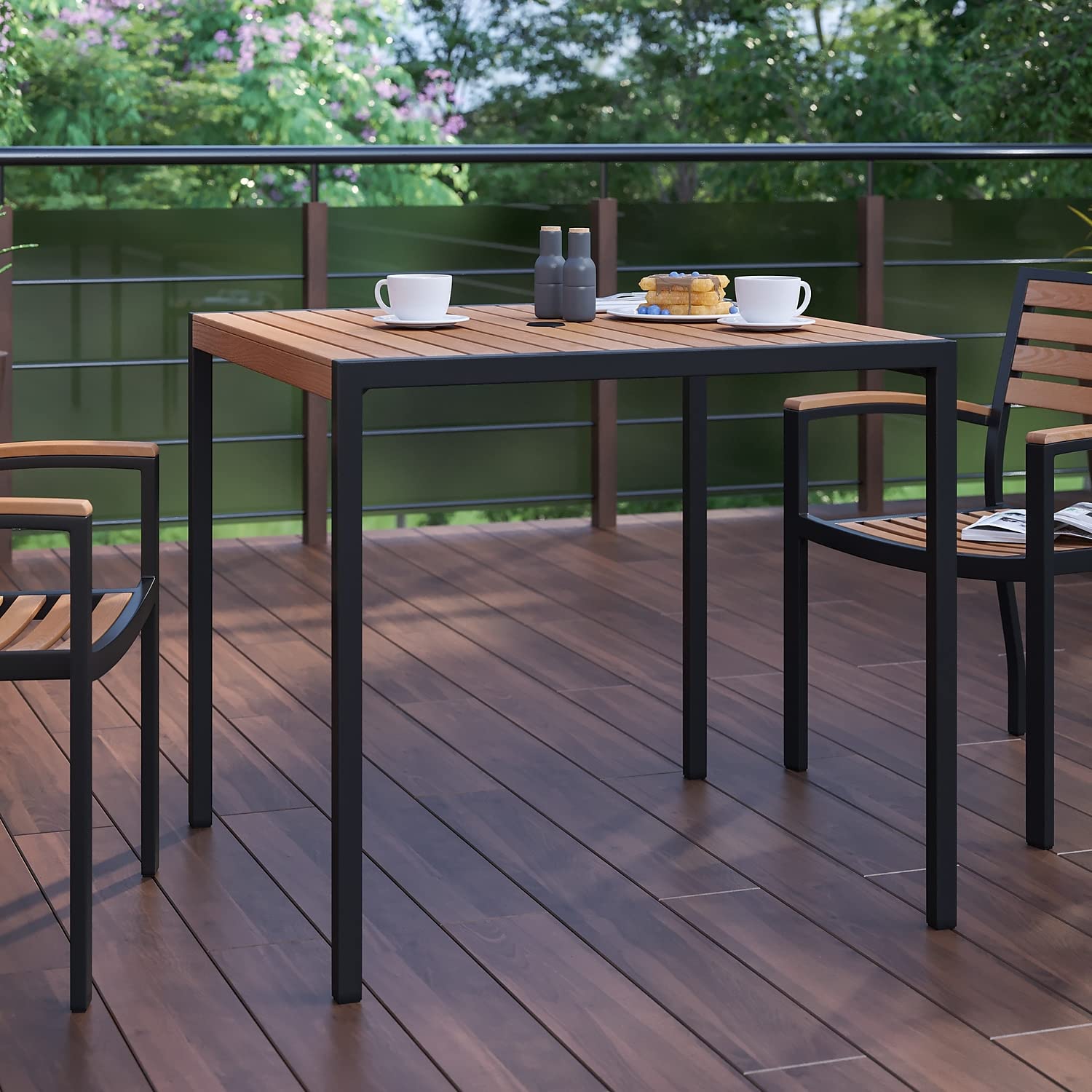 Flash Furniture Lark Outdoor Steel Dining Table - Faux Teak Poly Slatted Top - Commercial Grade Dining Table with Black Frame - 35" Square - Umbrella Holder Hole
