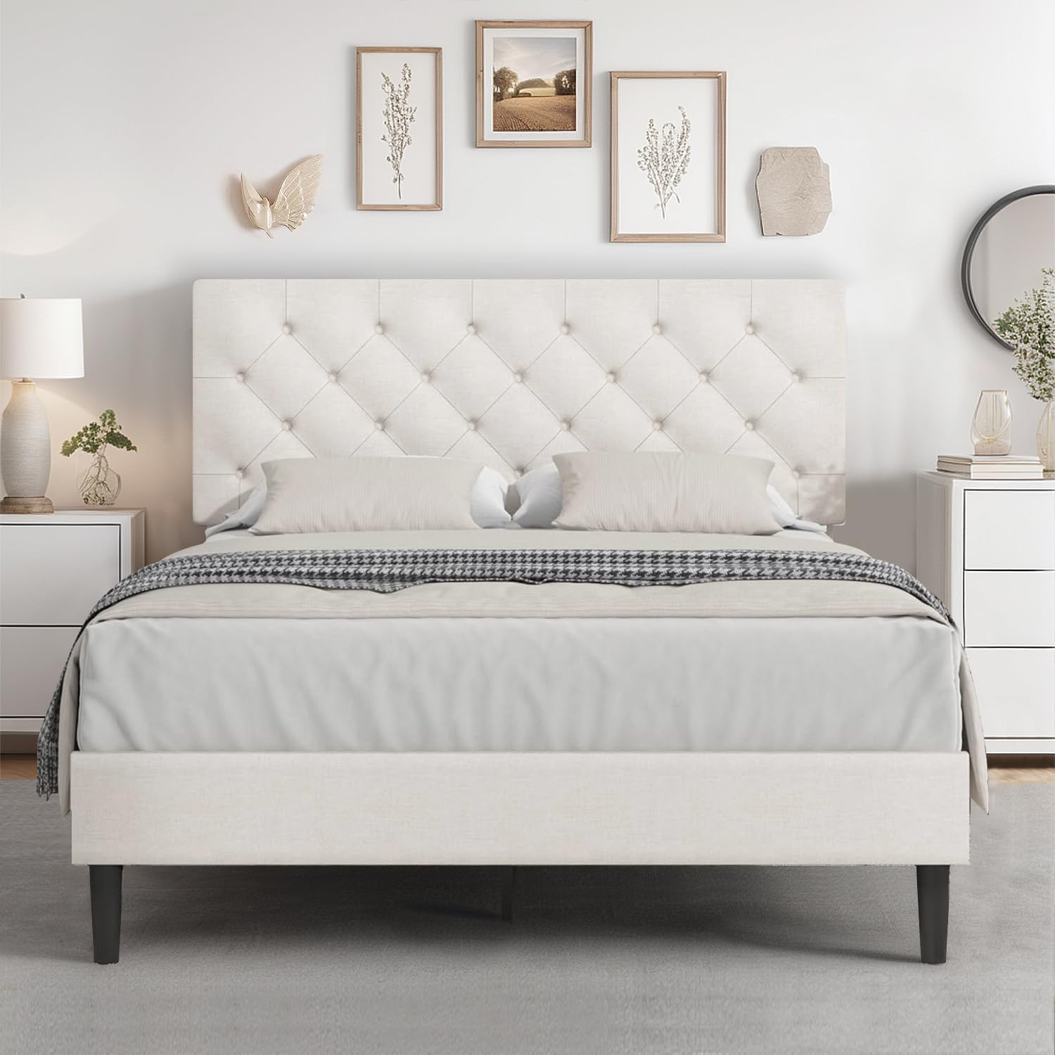 Hombck Full Bed Frame With Headboard, Linen Fabric Upholstered Bed Frame Full, White Bed Frame With Wood Slats, Button Tufted, No Box Spring Needed, White