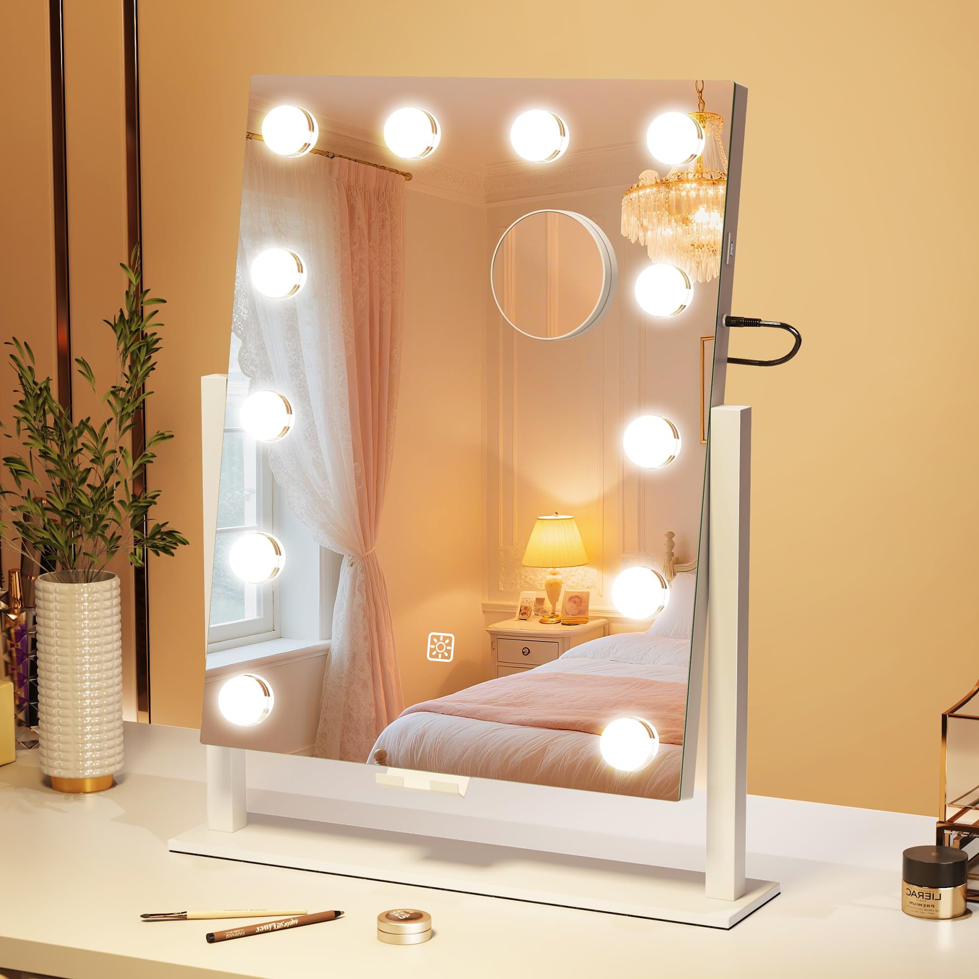 Sbagno Vanity Mirror with Lights, 12 Dimmable LED Bulbs, Detachable 10X Magnifying Mirror, Touch Control, USB Rechargeable, Tab