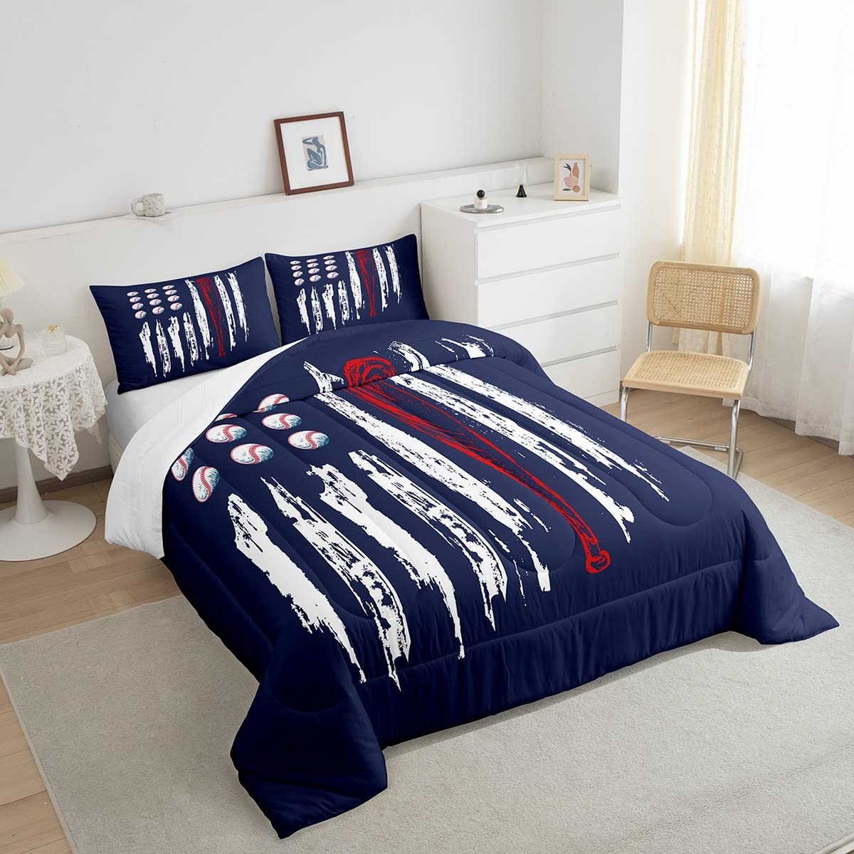 Castle Fairy Baseball Comforter King(104X90 Inch),3 Pieces(1 Baseball Comforter,2 Pillowcases) Navy White Red American Flag Comforter Sport Microfiber Bedding Set For Boy Girls Kids Teens