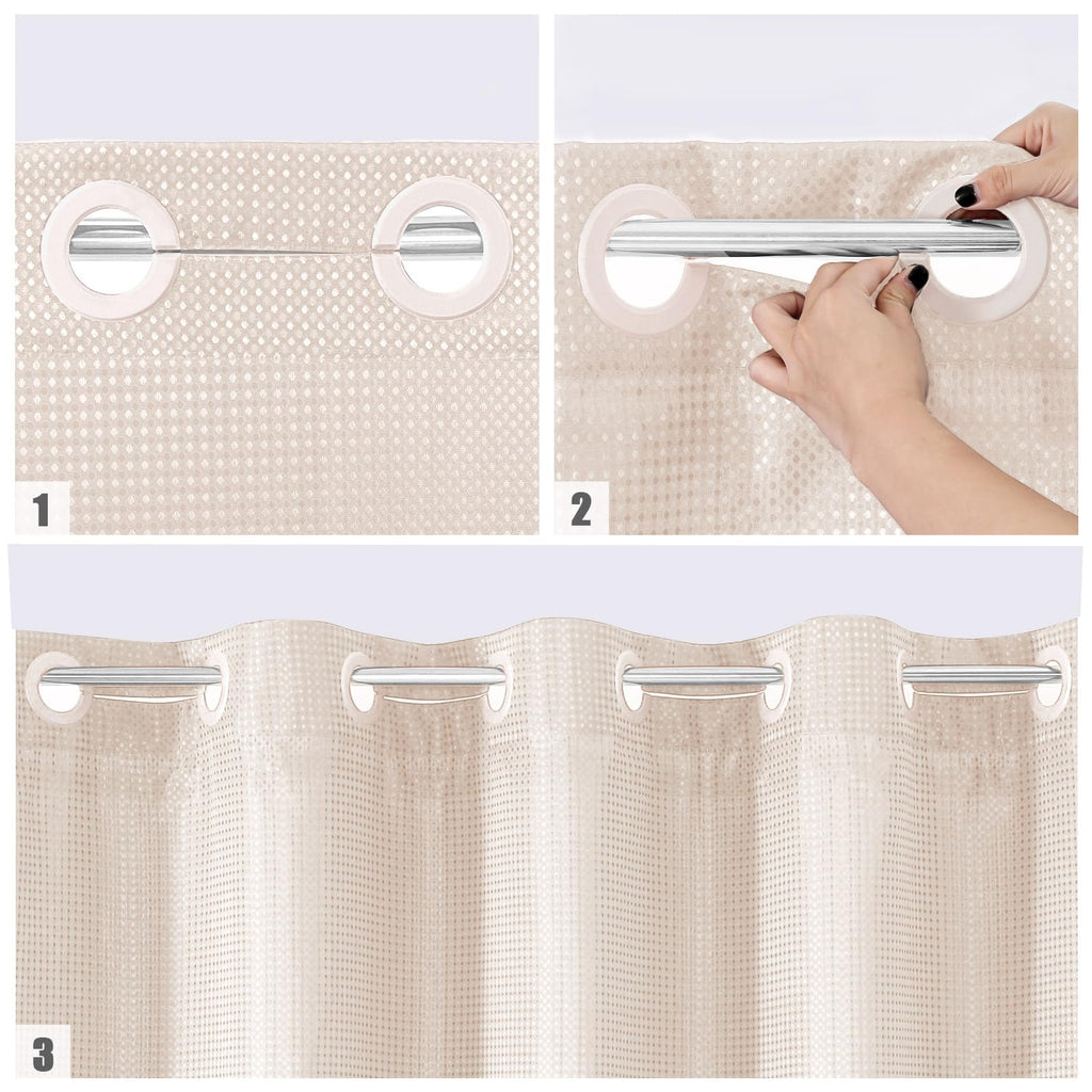 Mitovilla No Hooks Needed Pink Waffle Shower Curtain With Snap-In Liner, Modern Waffle Weave Heavy Duty Fabric Cloth Shower Curt