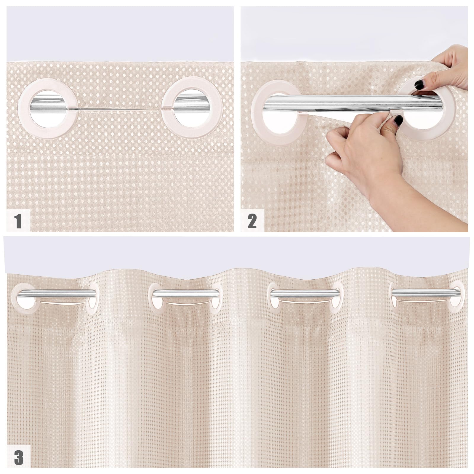 Mitovilla No Hooks Needed Pink Waffle Shower Curtain With Snap-In Liner, Modern Waffle Weave Heavy Duty Fabric Cloth Shower Curt