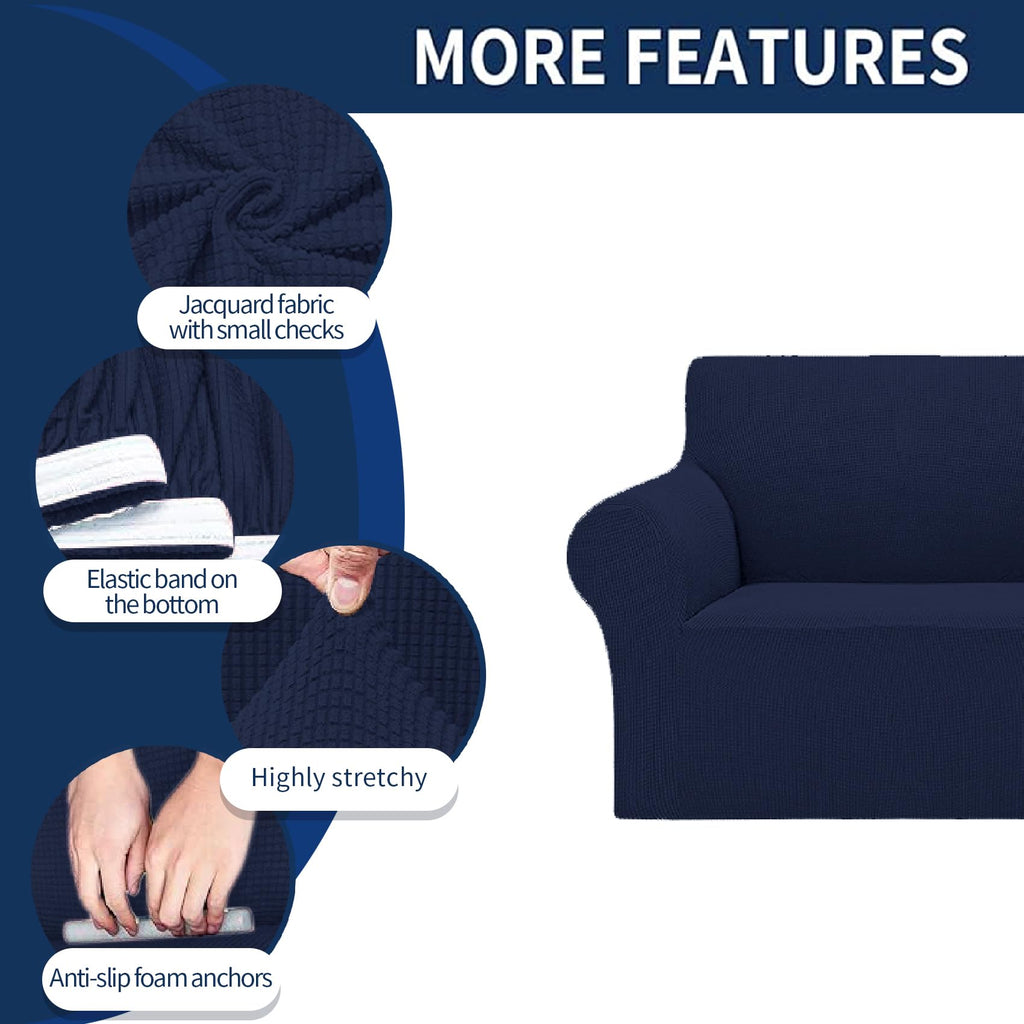 2025 New Stretch Sofa Slipcovers Couch Cover For 3 Cushion Furniture Protector Sofa Covers With Elastic Bottom Jacquard Fabric Small Checks For Pets, Kids -Sofa, Navy
