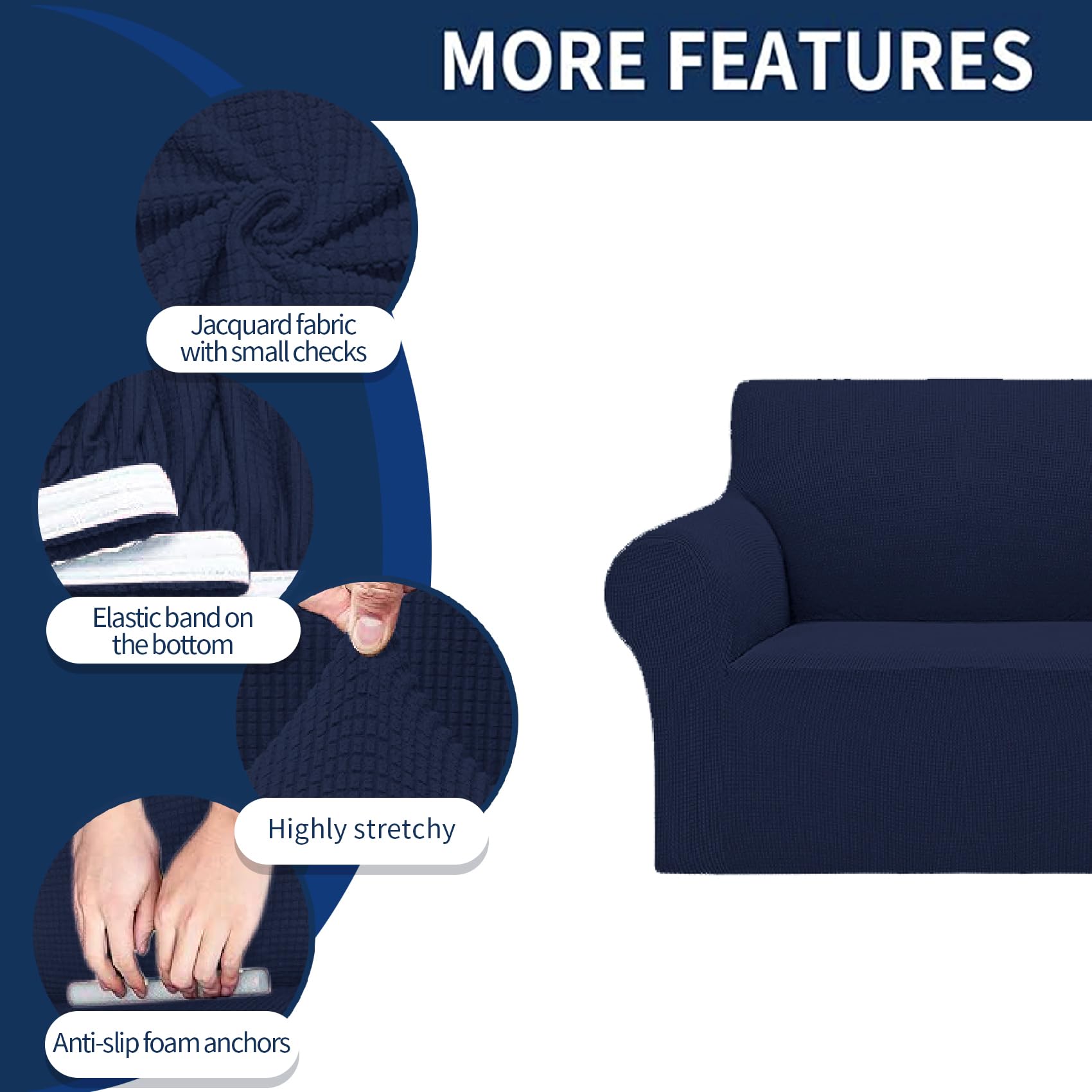 2025 New Stretch Sofa Slipcovers Couch Cover For 3 Cushion Furniture Protector Sofa Covers With Elastic Bottom Jacquard Fabric Small Checks For Pets, Kids -Sofa, Navy