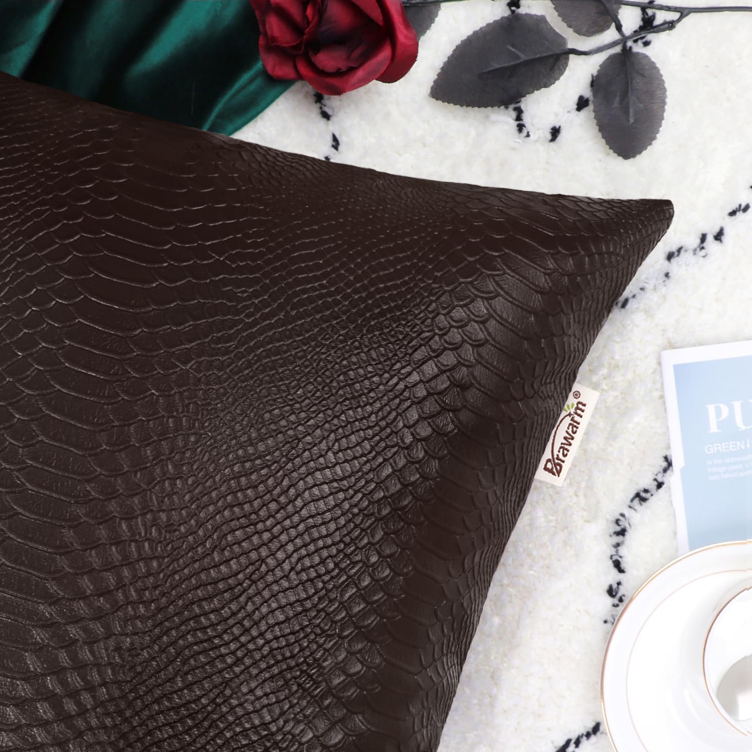 Brawarm Brown Leather Throw Pillows 12 X 20 Inches, Snake Leather Pillow Covers Pack Of 2, Faux Leather Decorative Lumbar Pillow