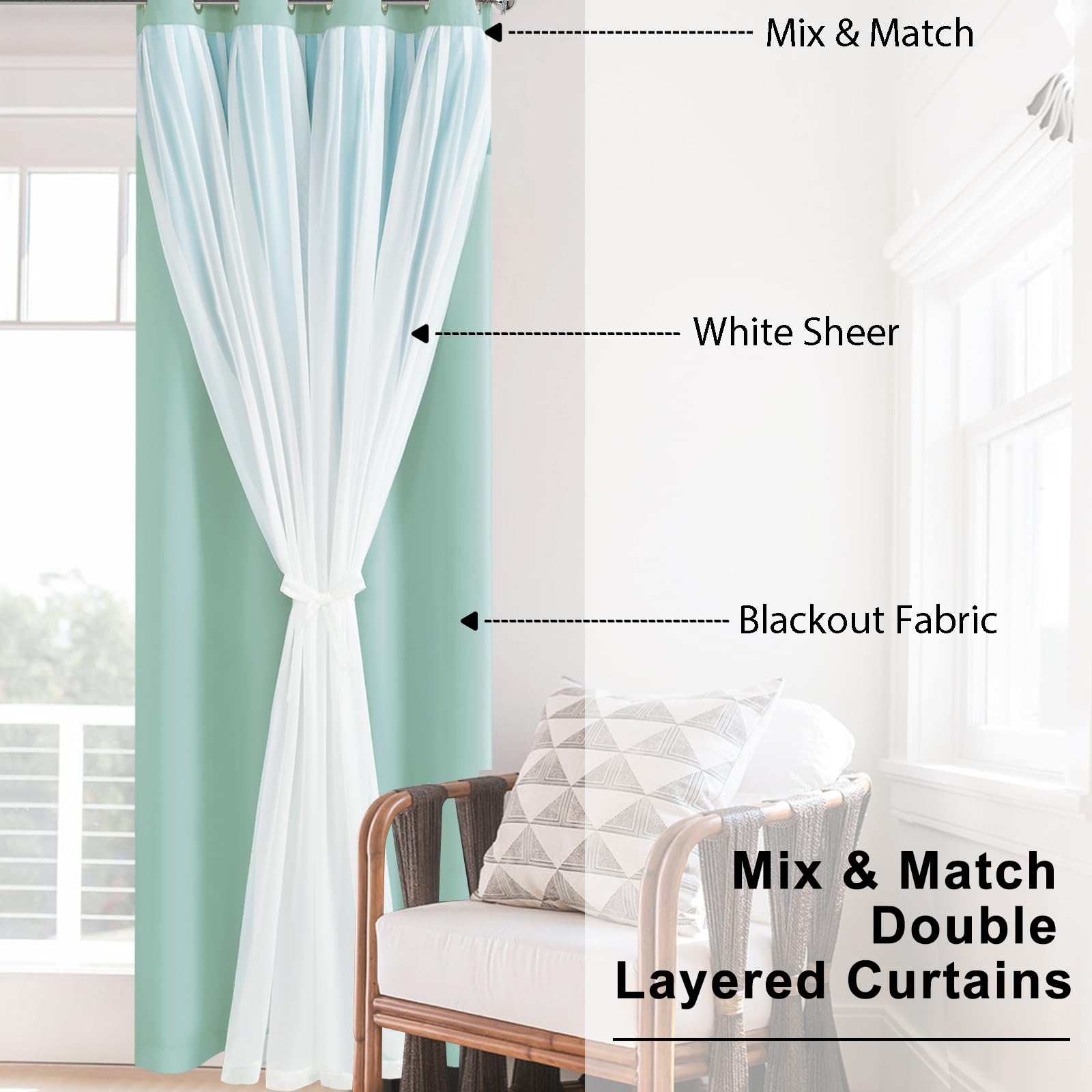 Hiasan Blackout Curtains With Sheer Overlay, Mix & Match Double Layer Thermal Insulated Room Darkening Curtains For Bedroom, Liv