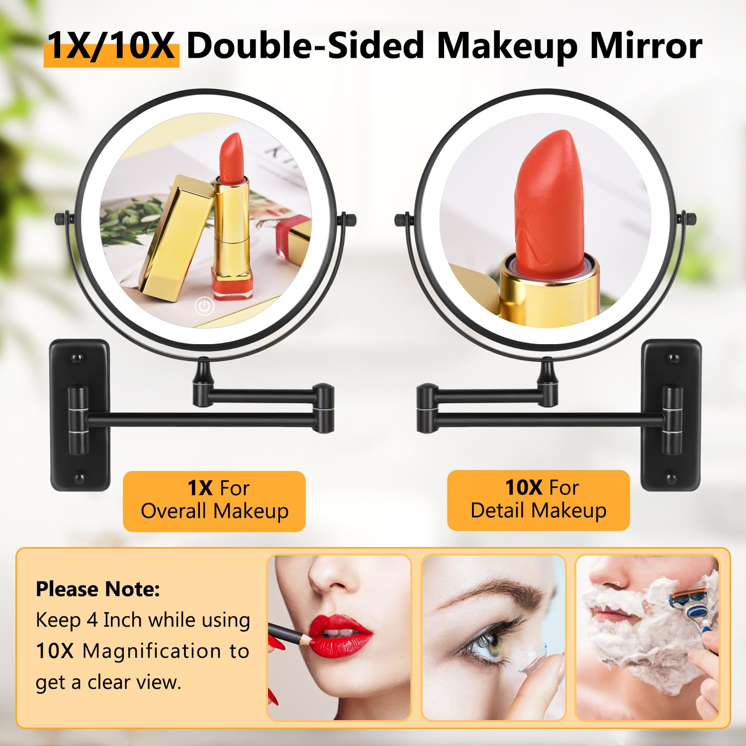 Decluttr Rechargeable Wall Mounted Lighted Makeup Mirror, 8 Inch 10X Magnifying Mirror With 3 Color Lights, Dimmable Touch Scree