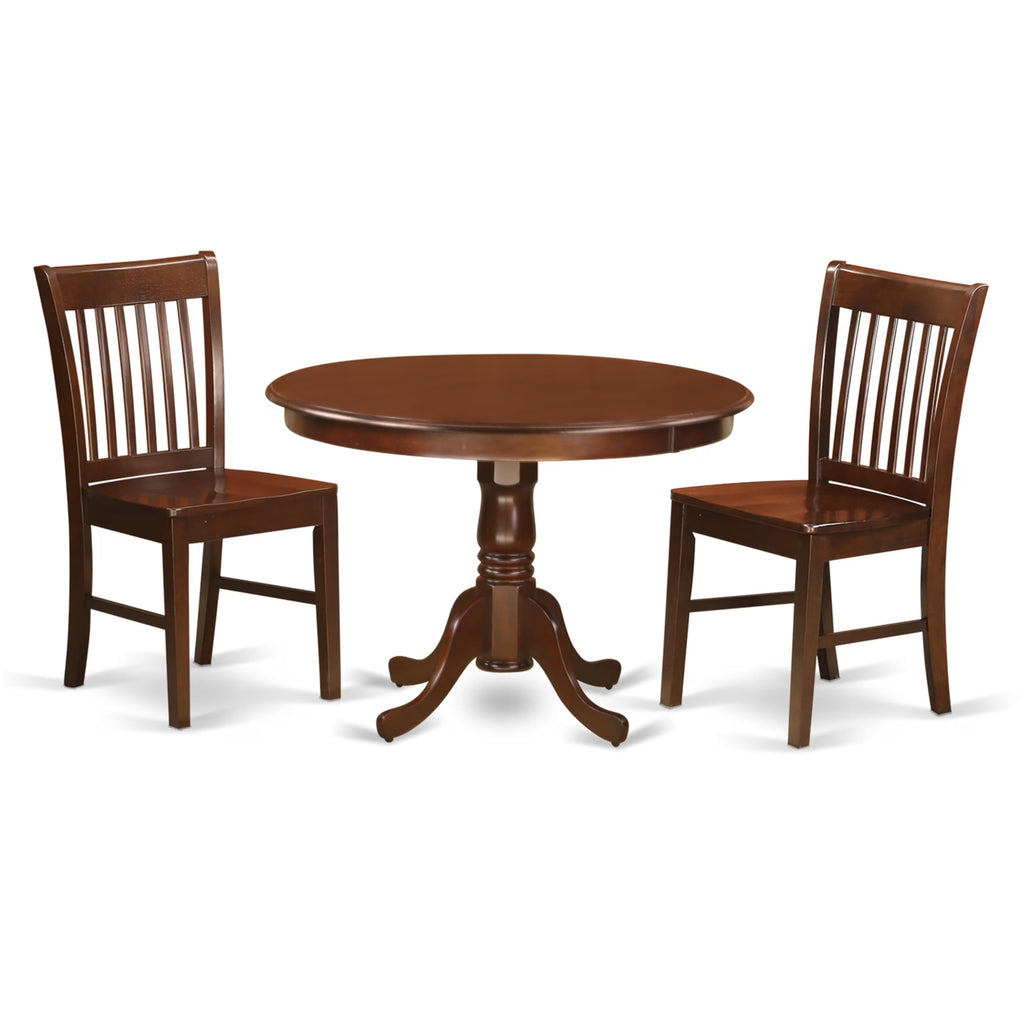 East West Furniture HLNO3-MAH-W 3 Piece Dining Table Set for Small Spaces Contains a Round Dining Room Table with Pedestal and 2 Wooden Seat Chairs, 42x42 Inch, Mahogany