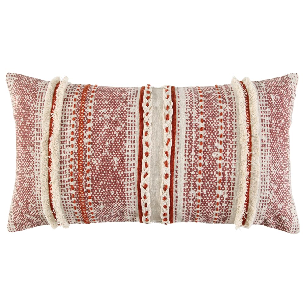Rizzy Home Stripe 14" x 26" Down Pillow with Textured Cotton Cover-Rust/Natural