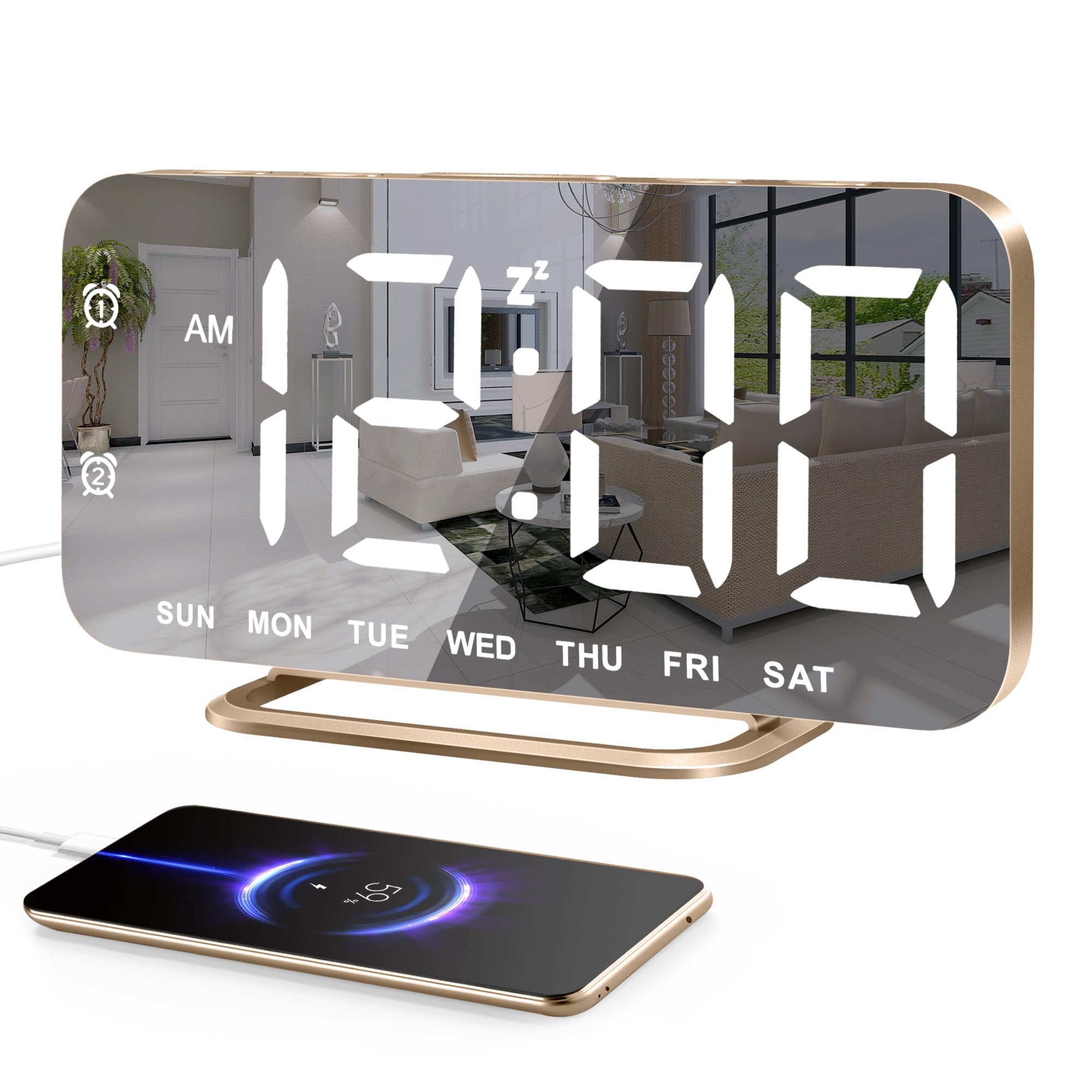JALL Super Slim LED Digital Alarm Clock, Mirror Surface for Makeup, with Diming Mode, 4 Levels Brightness, Large Display, Easy S