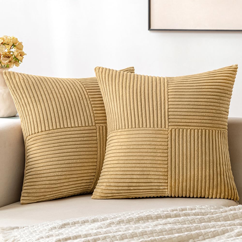 Miulee Khaki Corduroy Pillow Covers Pack Of 2 Boho Decorative Spliced Throw Pillow Covers Soft Solid Couch Pillowcases Cross Pat