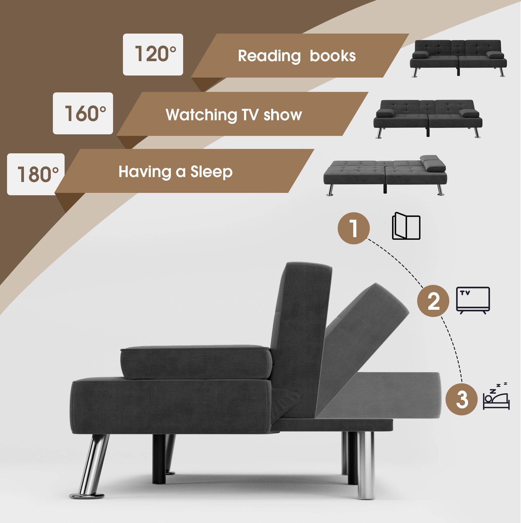 Flamaker Futon Sofa Bed Modern Folding Futon Set Linen Fabric Convertible Recliner Lounge For Living Room With 2 Cup Holders, Removable Armrests (Fabric, Black)