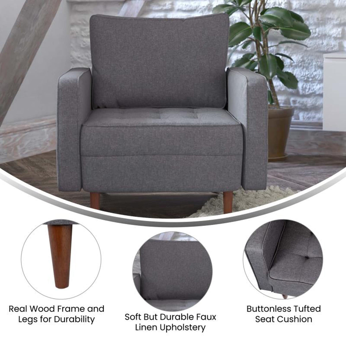 Flash Furniture Hudson Commercial Mid-Century Modern Chair - Dark Gray Faux Linen Upholstery - Buttonless Tufted Seat - Solid Wood Legs