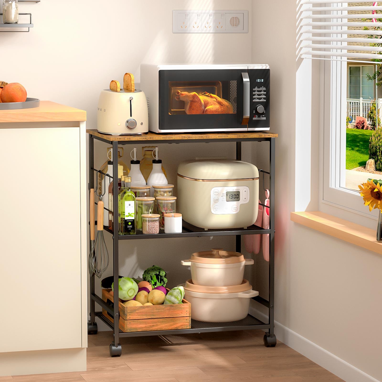 ThreeHio Rolling Kitchen Microwave Cart, 3 Tier Microwave Table Stand with Storage, Kitchen Utility Cart on Lockable Wheels, Sma