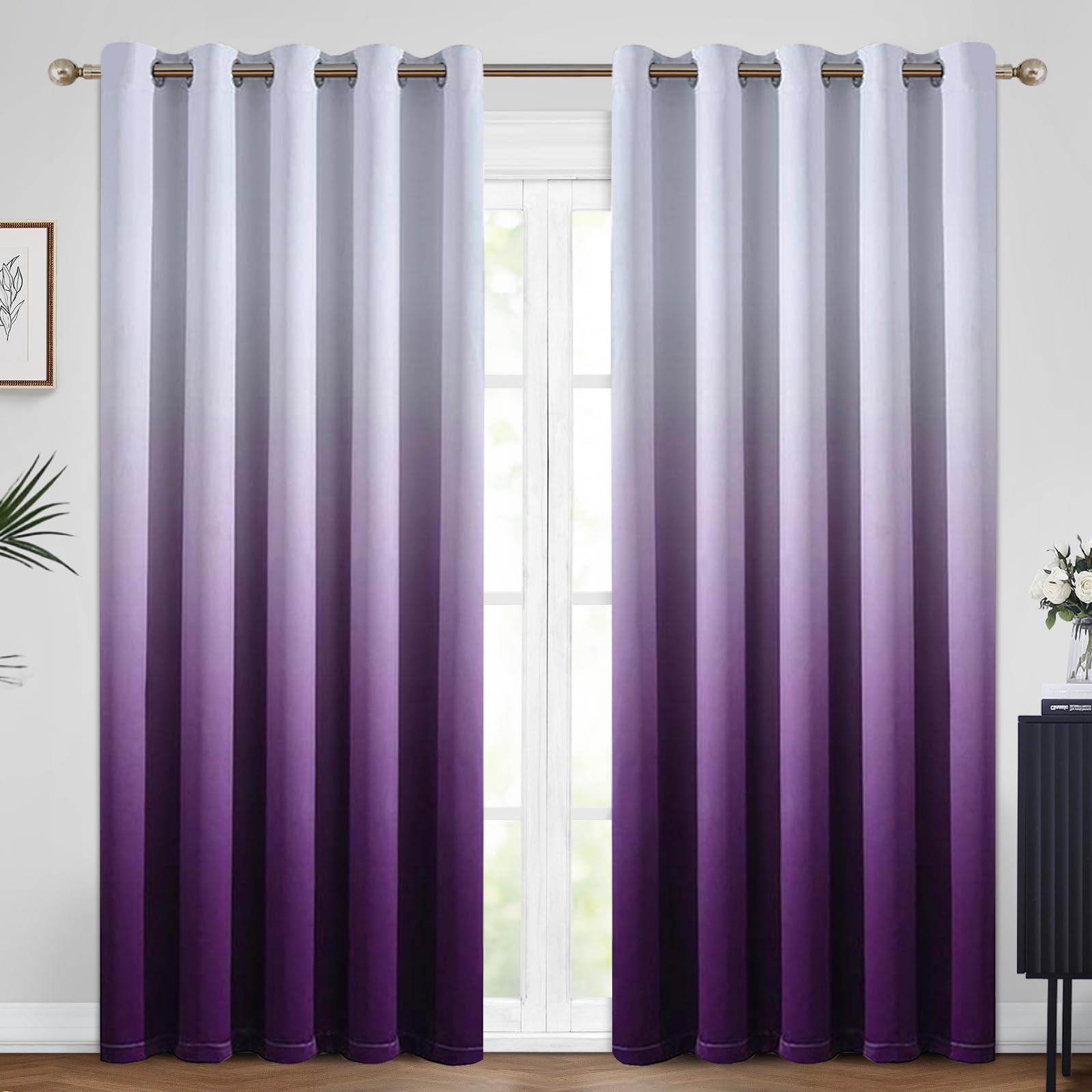 Yakamok 84 Inch Long Ombre Curtains,Thermal Insulated Light Blocking Greyish White To Purple Gradient Color Curtains, Room Darke