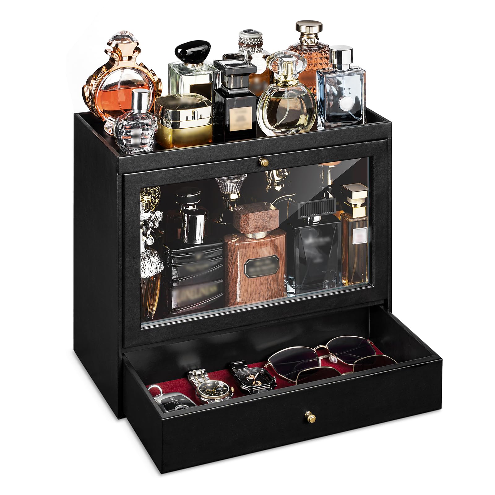 Emfogo Cologne Organizer for Men, Leather Perfumes Organizer for Men Dresser, Large Capacity Dustproof Cologne Holder with Drawe