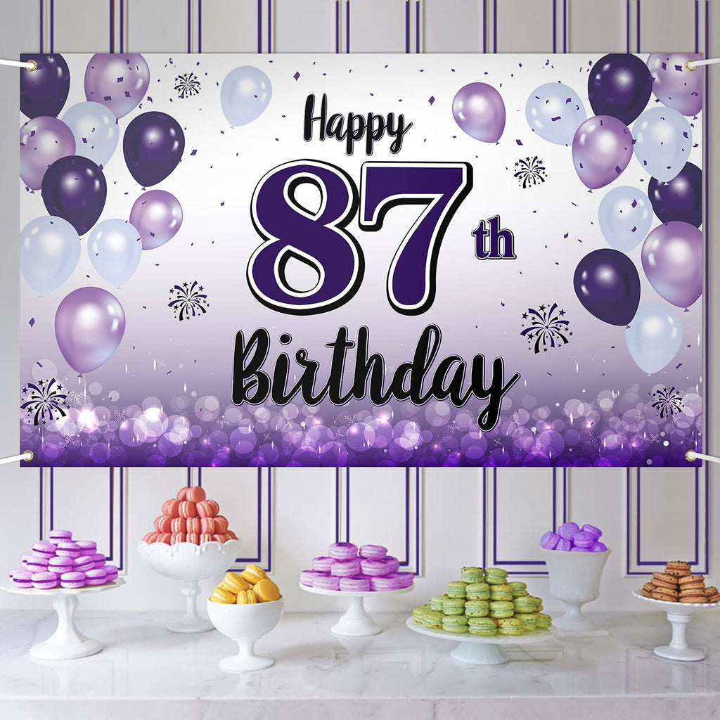 LASKYER Happy 87th Birthday Decorations,87th Purple Balloon Large Birthday Banner Backdrop Sign,87 Years Old Bday Party Supplies