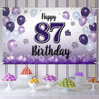 LASKYER Happy 87th Birthday Decorations,87th Purple Balloon Large Birthday Banner Backdrop Sign,87 Years Old Bday Party Supplies