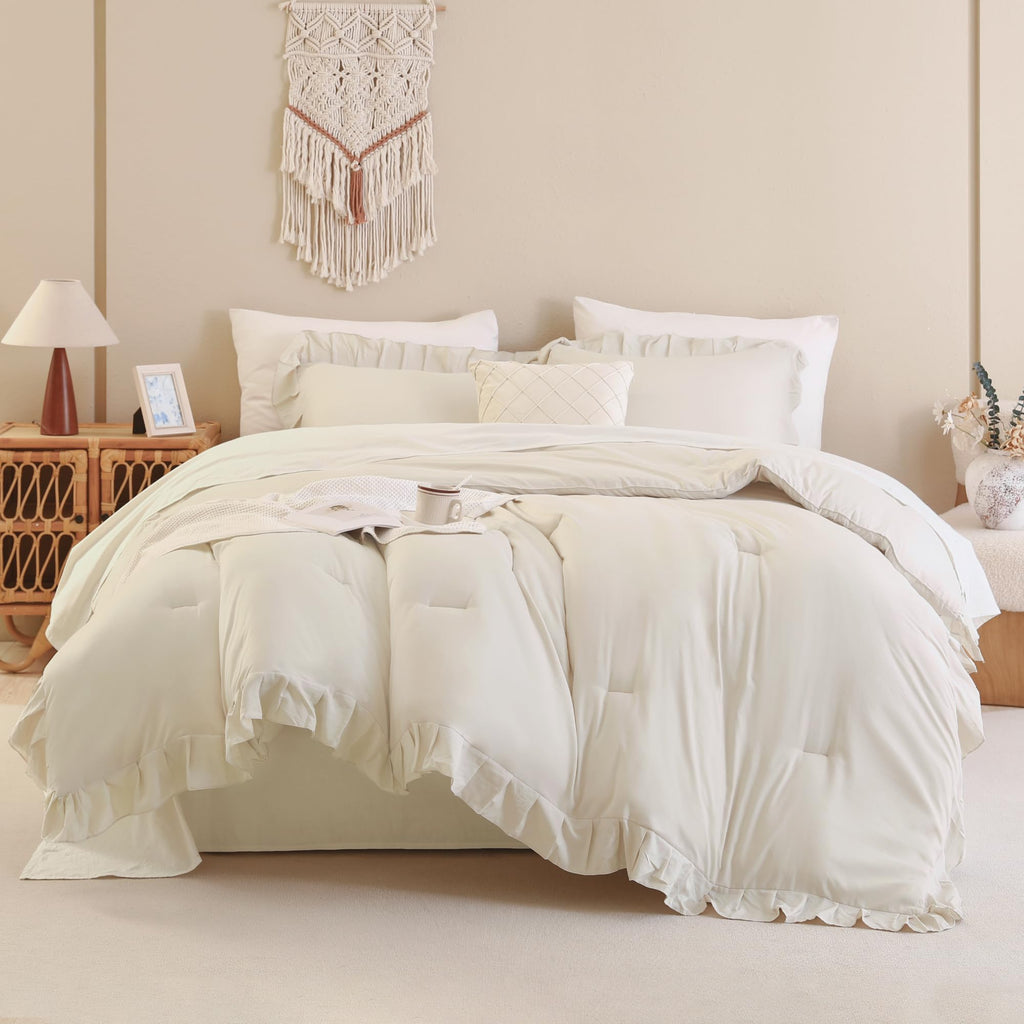 Andency Beige Comforter Set Queen Size, 3 Pieces Shabby Chic Ruffle Bedding Comforter Sets For Queen Bed, Lightweight Fluffy Soft Microfiber Farmhouse Comforter Set