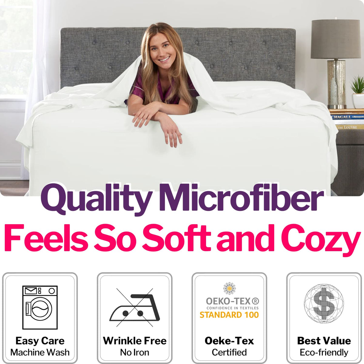 Deep Pocket Queen Sheet Sets - 21    Inch 4 Piece Queen Sheets Deep Pocket Sheets - Oversize Flat Sheet, Fitted Sheet & 2 Zipper