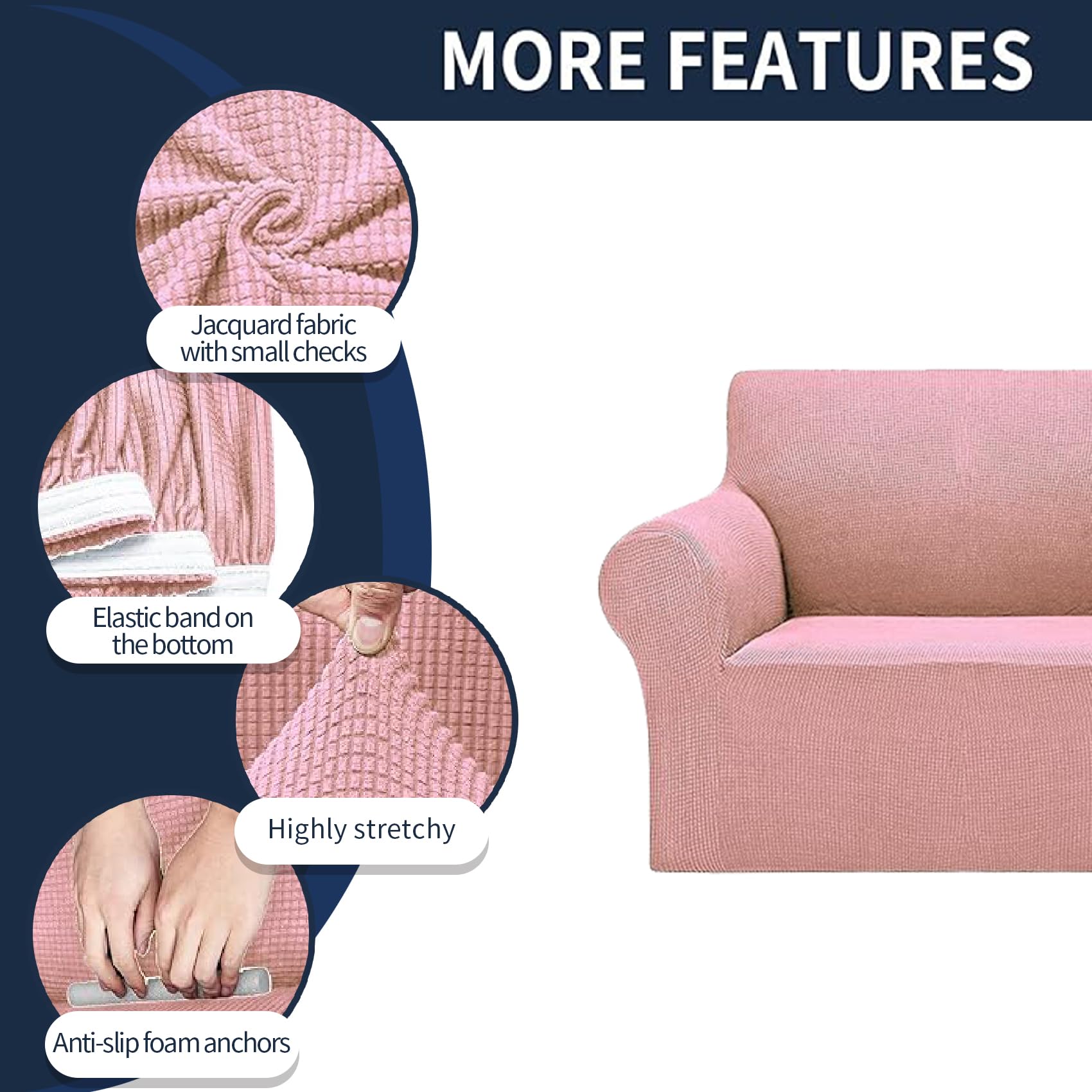 2025 New Stretch Sofa Slipcovers Couch Cover For 3 Cushion Furniture Protector Sofa Covers With Elastic Bottom Jacquard Fabric Small Checks For Pets, Kids -Sofa, Dusty Pink