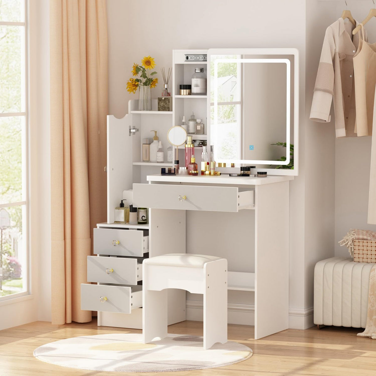 Famapy Vanity Desk With Mirror And Lights, Vanity Makeup Desk With Sliding Lighted Mirror, Vanity Mirror Makeup Desk With Cushio