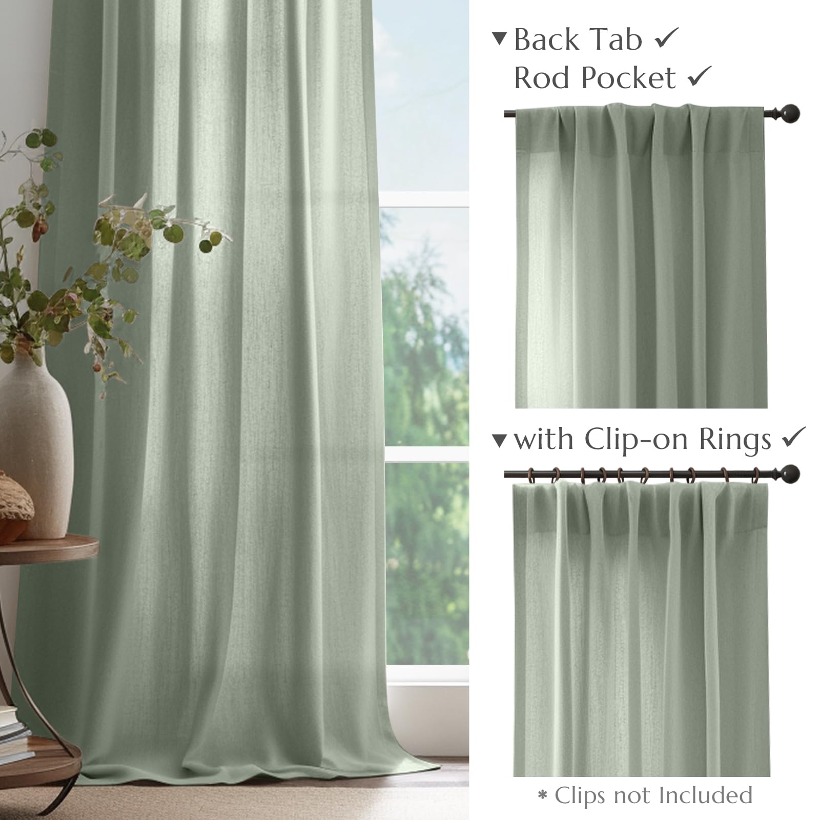 Jinchan Linen Blend Curtains 90 Inches Long For Living Room Farmhouse Rod Pocket Back Tab Light Filtering Window Drapes For Bedroom Curtains Green 2 Panels