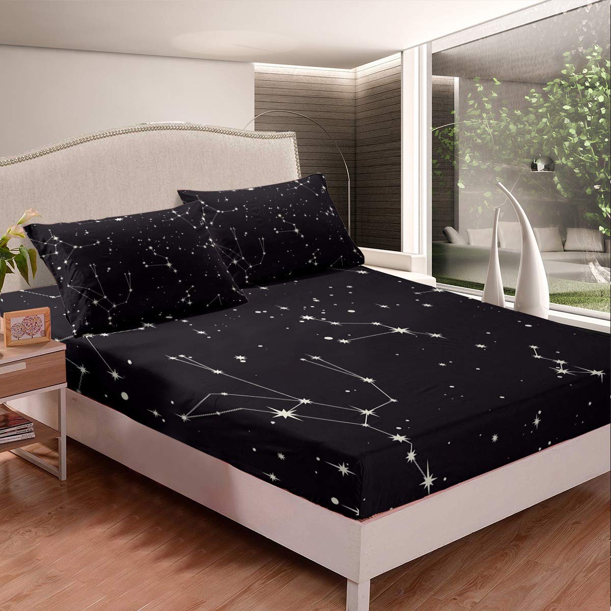 Galaxy Sheets Set Queen Size For Kids Girls Boys Outer Space Starry Sky Bedding Set Teens Constellation Twinkle Stars Bed Sheet Set Microfiber Super Soft Breathable Black White Milky Way Bed Cover