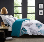 Sleepbella Comforter Twin Size, 600 Thread Count Cotton Blue Floral With Khaki & Grey Leaves Pattern White Reversible Comforter