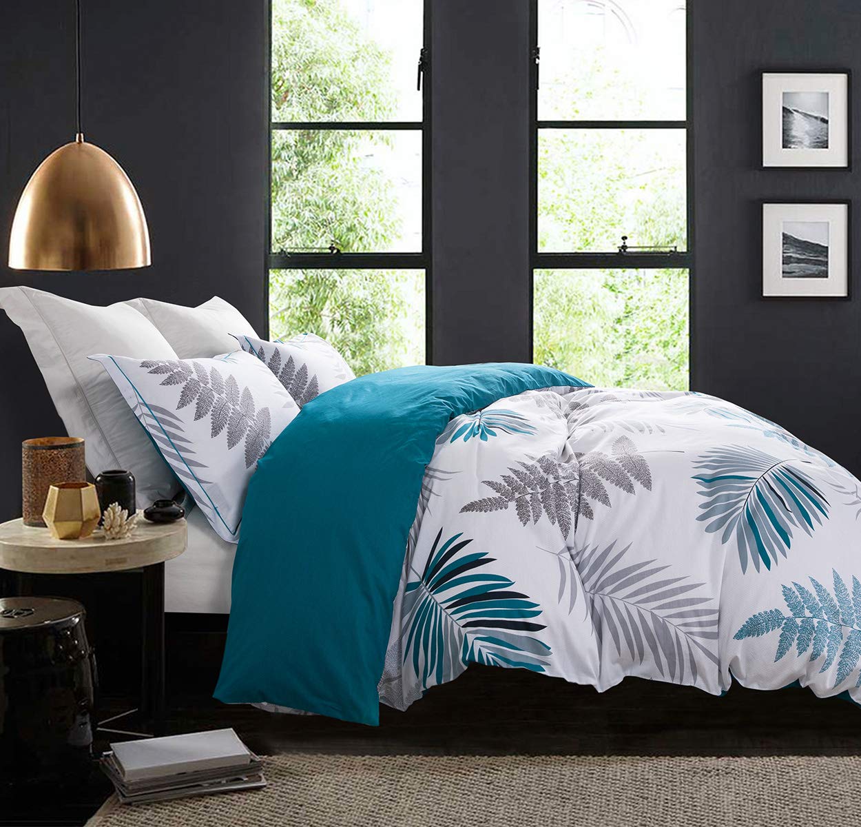 Sleepbella Comforter Twin Size, 600 Thread Count Cotton Blue Floral With Khaki & Grey Leaves Pattern White Reversible Comforter
