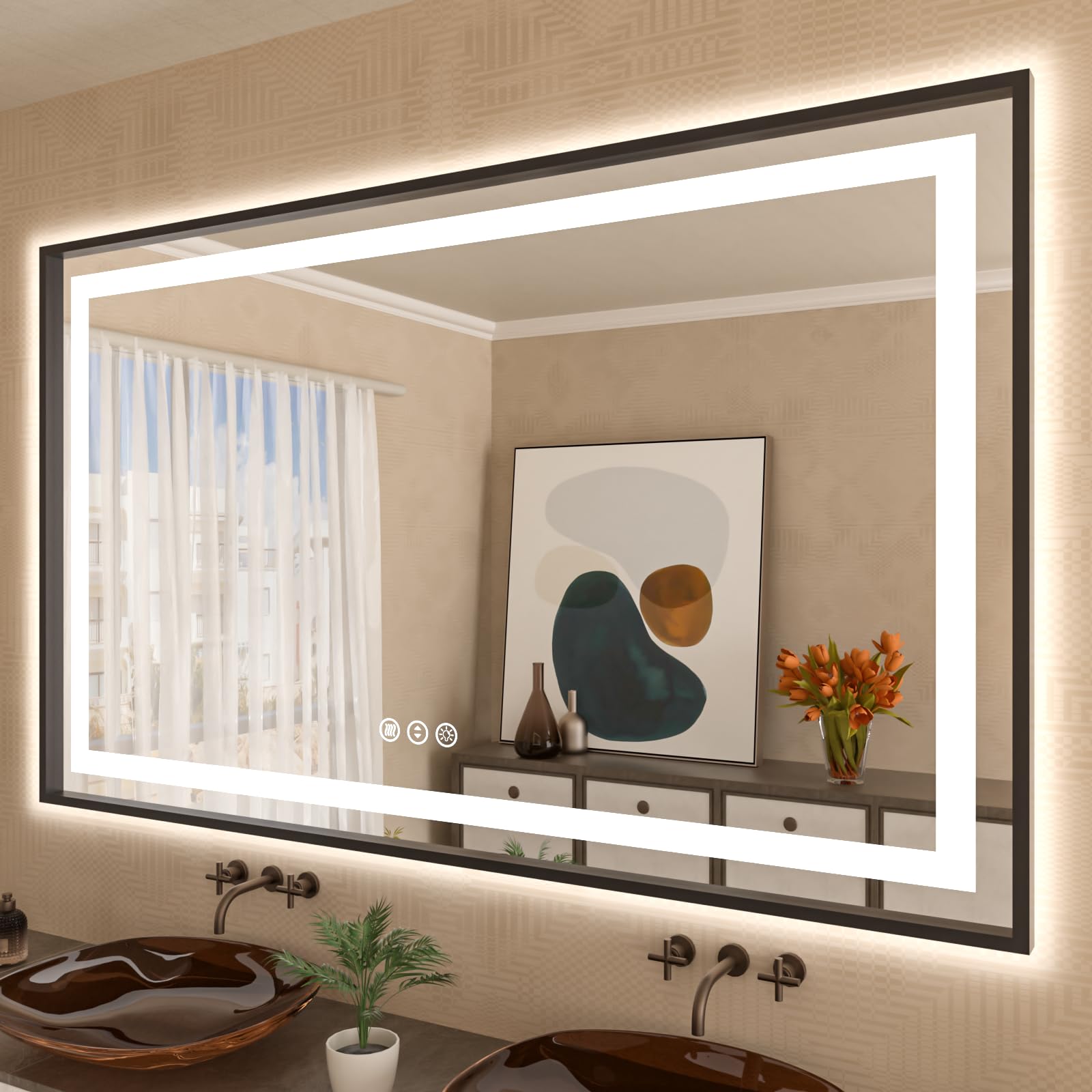Amorho 60''x 40'' LED Bathroom Mirror Framed, Front Light and Backlit, Stepless Dimmable, Anti-Fog, Shatter-Proof, Memory, 3 Col