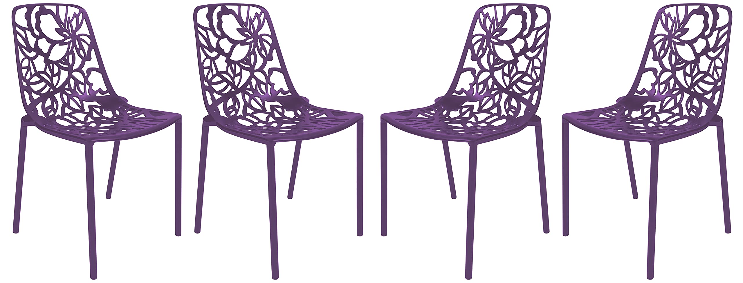 LeisureMod Stackable Purple Dining Side Chair Set of 4 for Patio & Kitchen with Floral Cutout Design