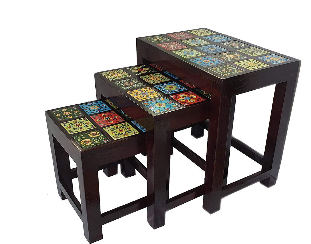 Wood To Cart Ceramic Nesting Stools For Living Room,Ceramic Tile & Wooden Tables, Wooden Stools,Stool Set Of 3,Living Room Furni